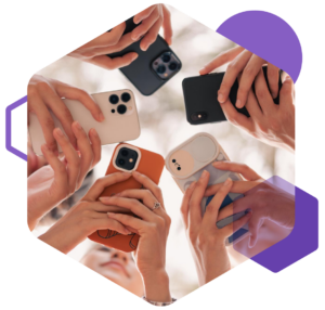 A bottom up view of a group of 5 phones being held in a pentagonal grouping.